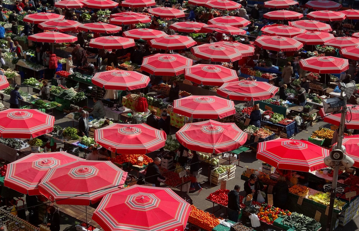 Dolac Market with umbrellas and produce stalls in Zagreb