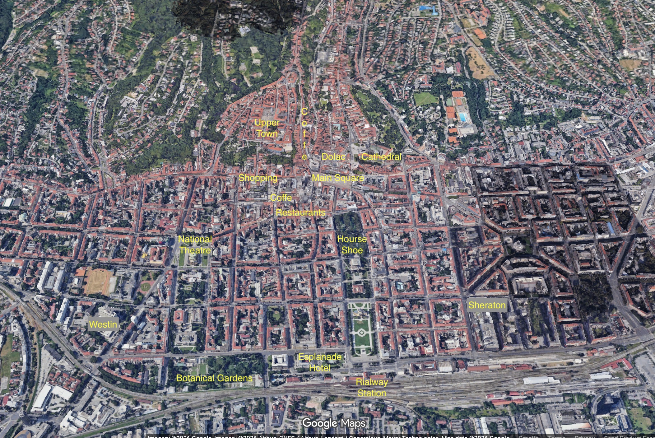 Aerial orientation map of central Zagreb with marked hotels, squares, parks, coffee areas, restaurants, Dolac, Cathedral, Upper Town, and transport points