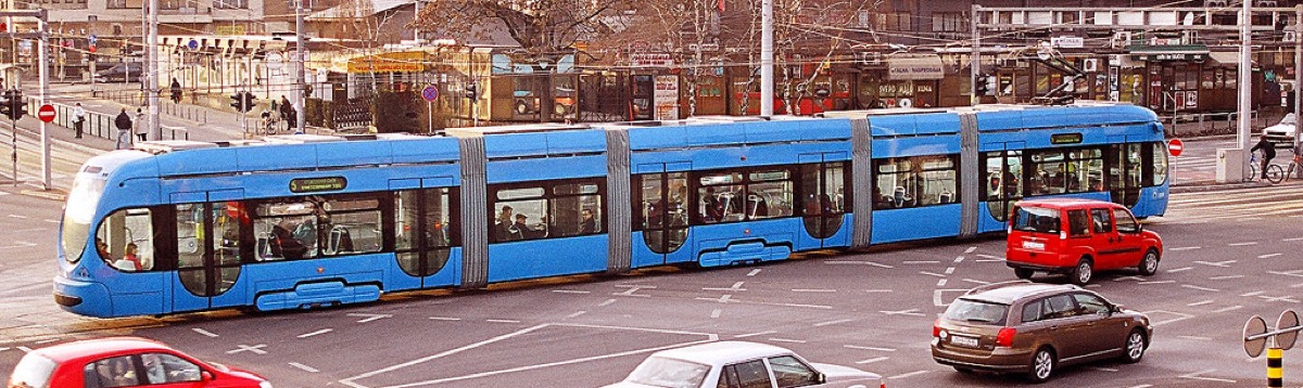 Blue Zagreb tram on city tracks