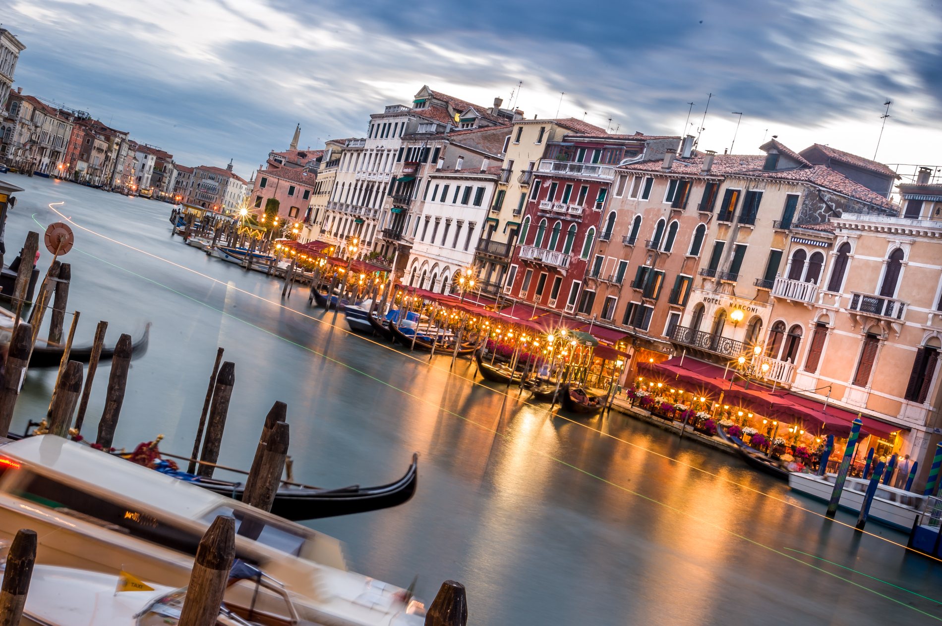 Venice canals and buildings near evening light