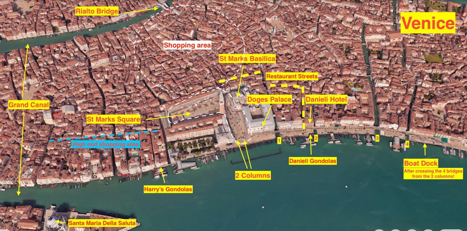 Full aerial orientation map of central Venice with marked landmarks
