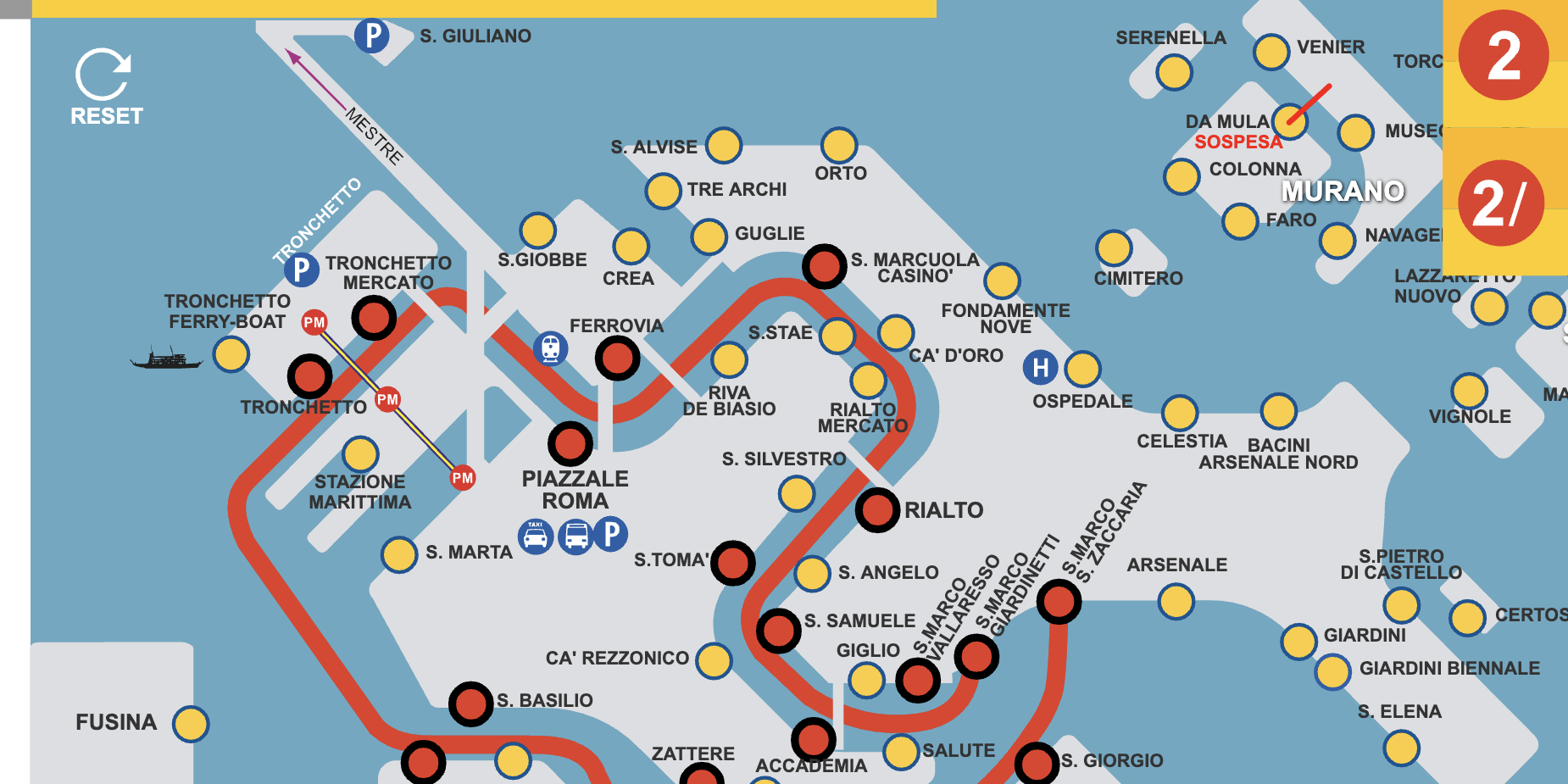 ACTV navigation map with Line 2 highlighted from Tronchetto through Piazzale Roma, Rialto, San Marco and Giudecca