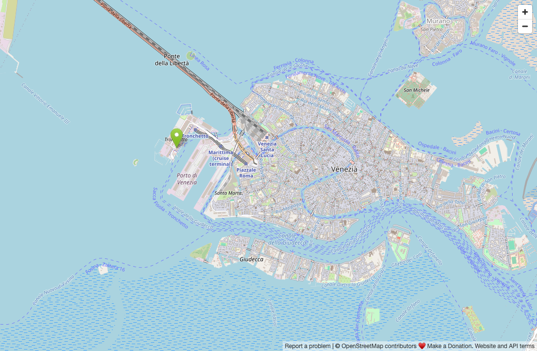 Static map showing Tronchetto in relation to Venice, with the marker near the hotel area